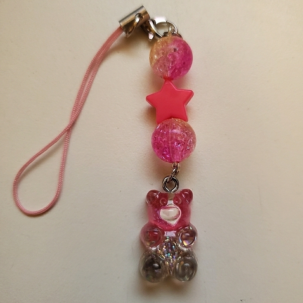 Handmade Silver Pink Ombre Glitter Gummy Bear Keychain Phone Charm
